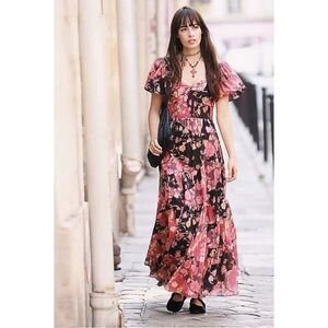 Free People Bohemian Sundrenched Short Sleeve Maxi Dress Red Floral NWT Ruffle